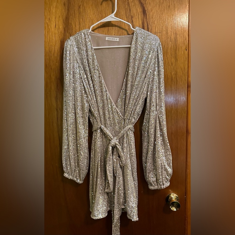12th Tribe Silver Sequin Wrap Dress